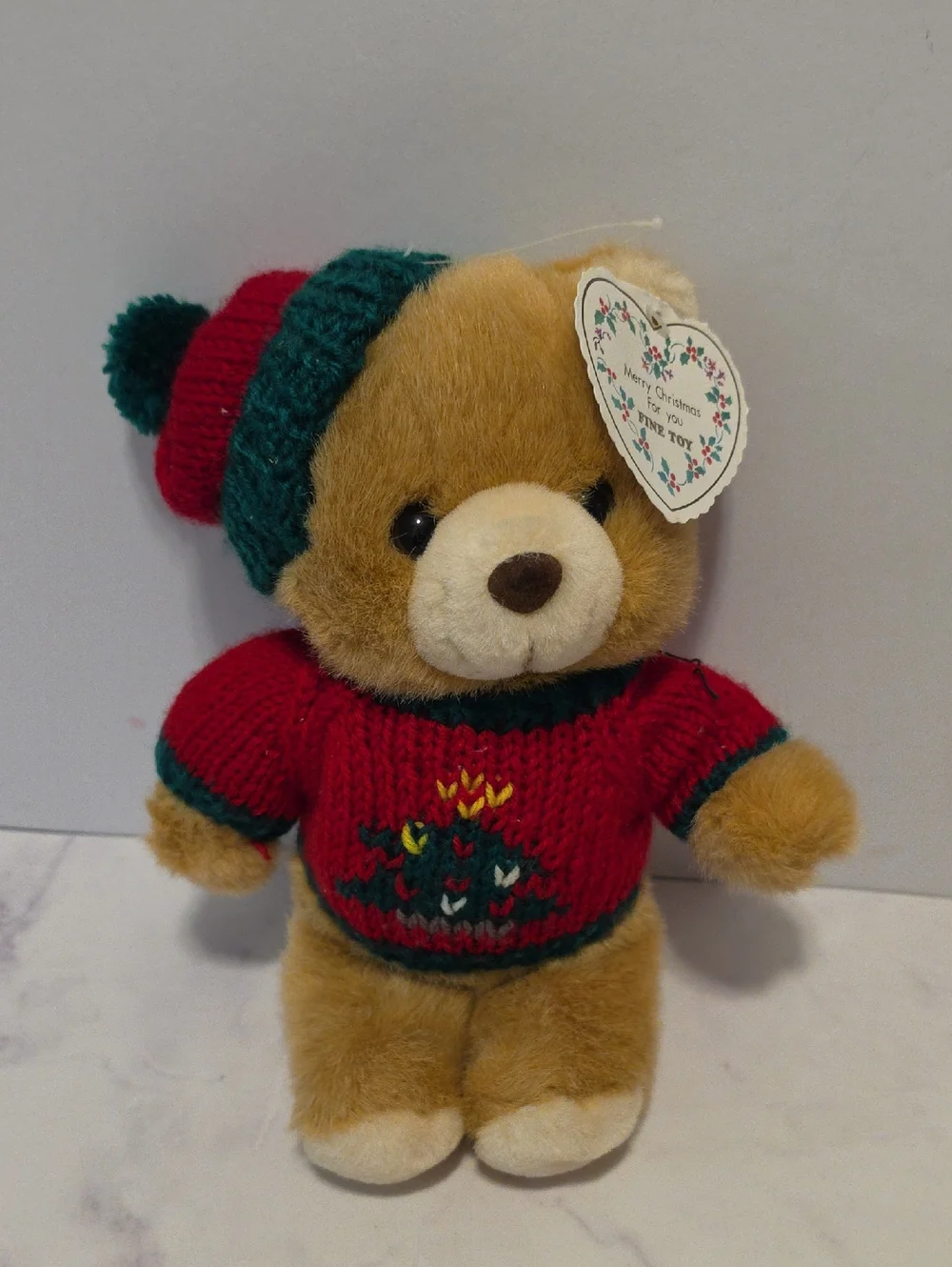Fine Toy Vintage Christmas Teddy Bear with Red Sweater and Hat